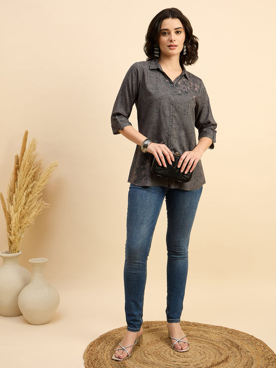 ST 1509 Floral Whisper Printed Modal Shirt  Steel Grey Glow
