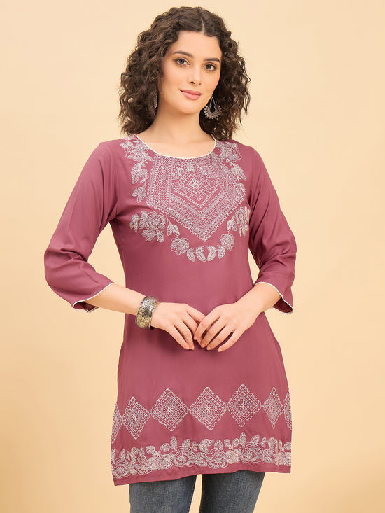TC 1529 Modal Tunic Top with Heritage Mosaic Embroidery  Vintage Brick