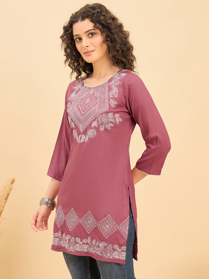 TC 1529 Modal Tunic Top with Heritage Mosaic Embroidery  Vintage Brick