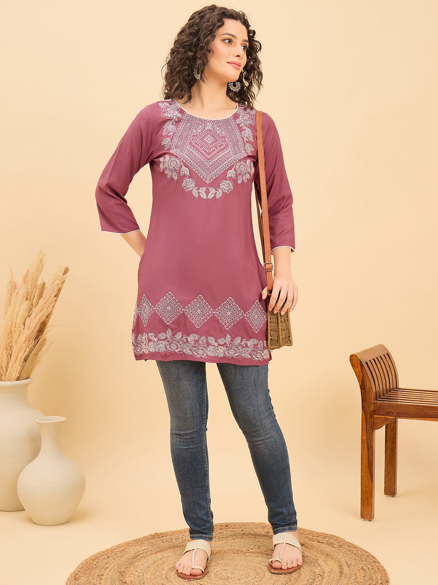 TC 1529 Modal Tunic Top with Heritage Mosaic Embroidery  Vintage Brick
