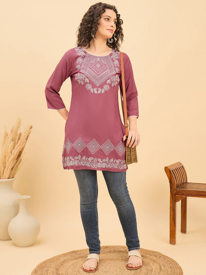 TC 1529 Modal Tunic Top with Heritage Mosaic Embroidery  Vintage Brick