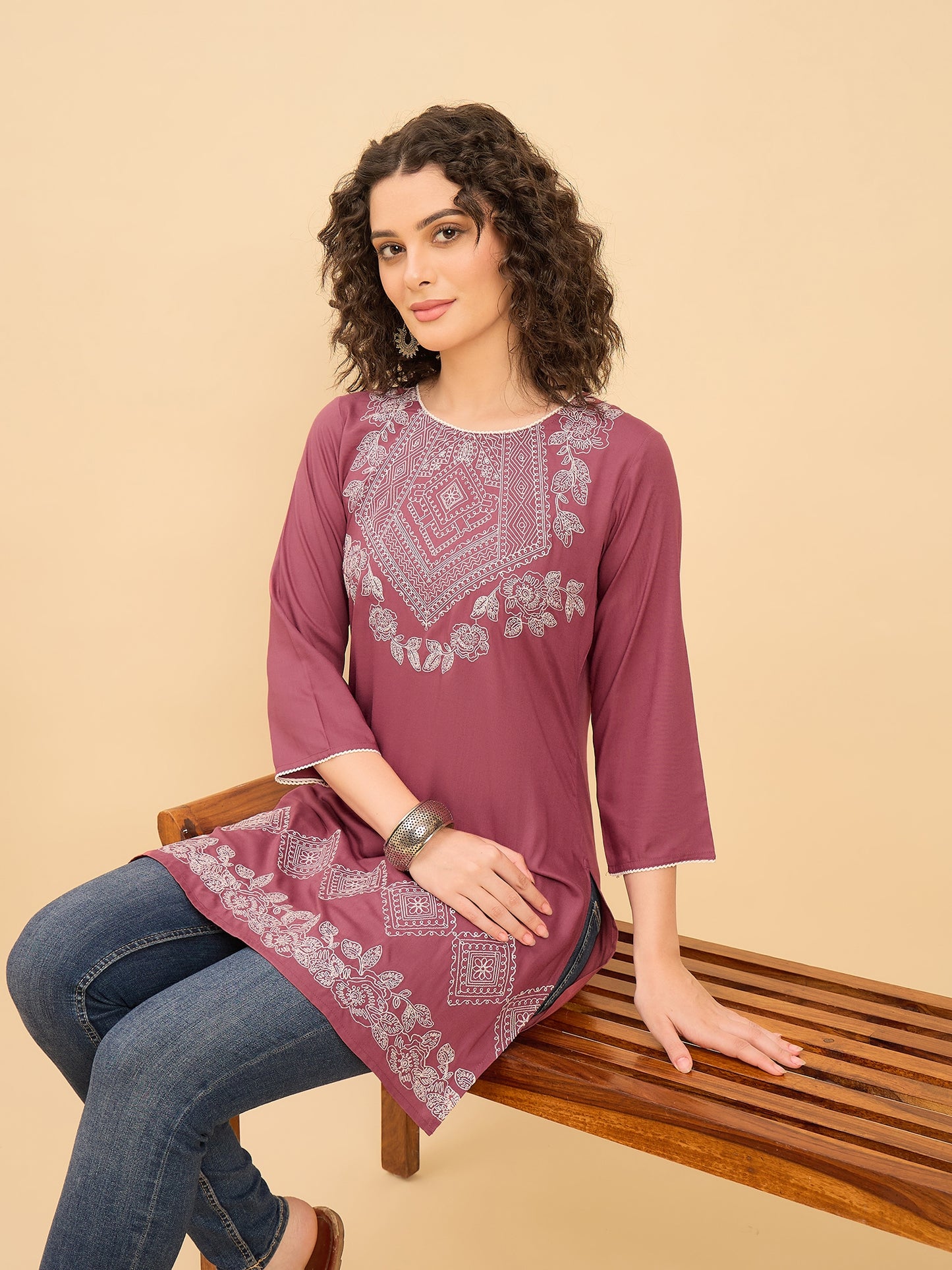 TC 1529 Modal Tunic Top with Heritage Mosaic Embroidery  Vintage Brick
