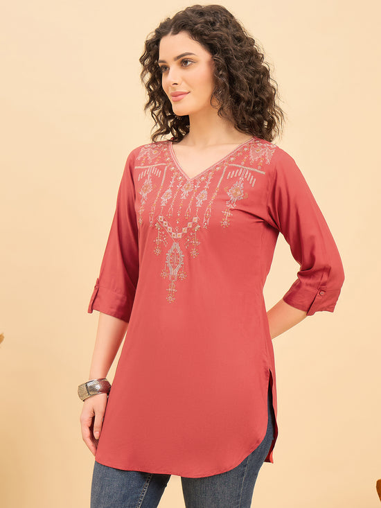 TC 1515 Heritage Loom Embroidery Modal Tunic Top  Cherry Red