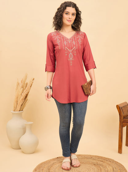 TC 1515 Heritage Loom Embroidery Modal Tunic Top  Cherry Red