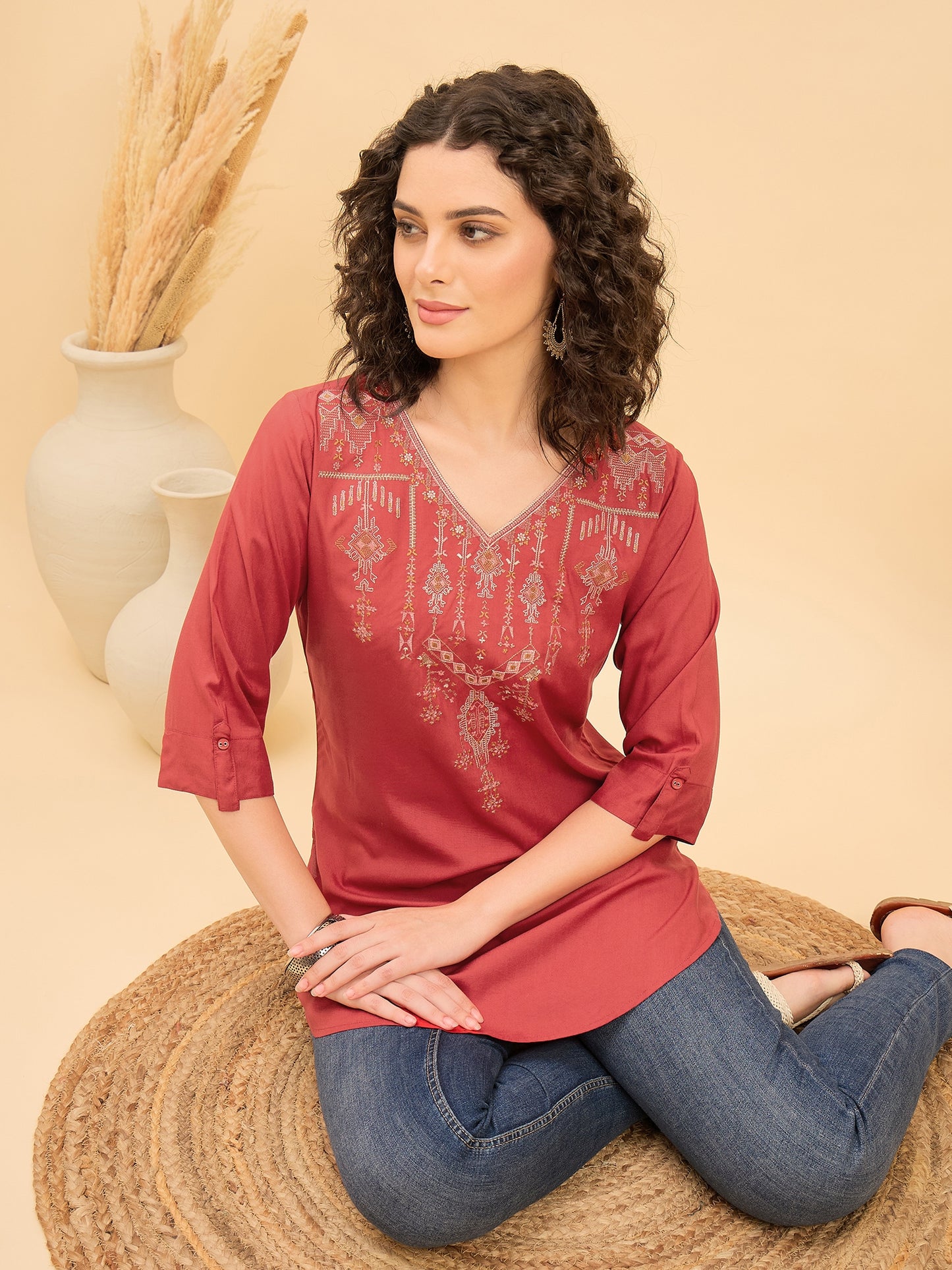 TC 1515 Heritage Loom Embroidery Modal Tunic Top  Cherry Red