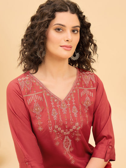 TC 1515 Heritage Loom Embroidery Modal Tunic Top  Cherry Red