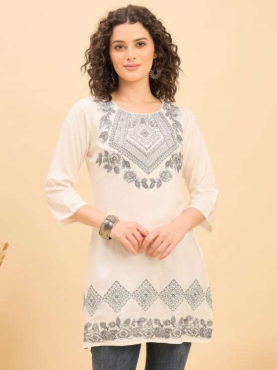 TC 1529 Modal Tunic Top with Heritage Mosaic Embroidery  Pearl White