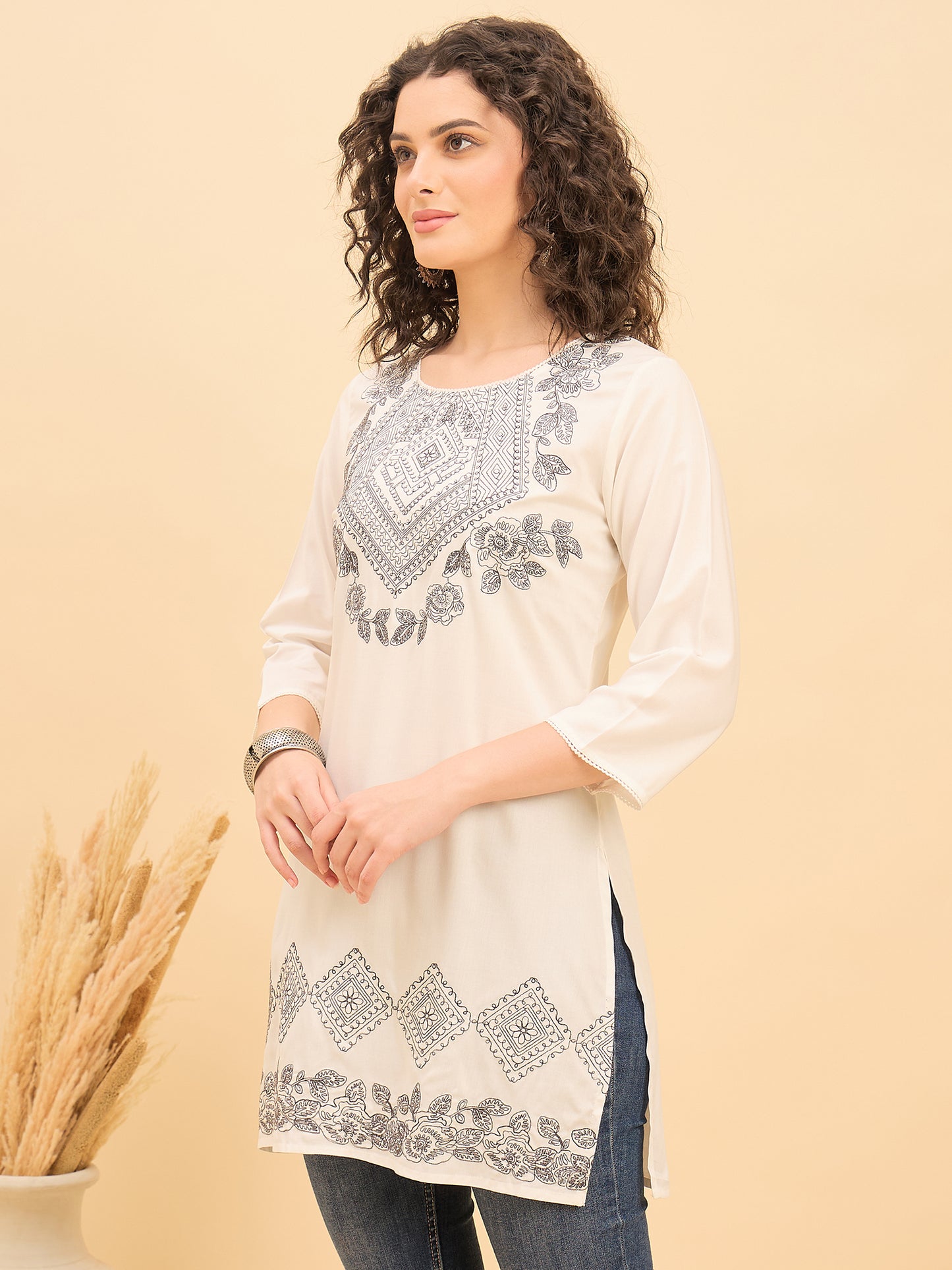 TC 1529 Modal Tunic Top with Heritage Mosaic Embroidery  Pearl White