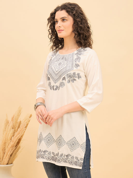 TC 1529 Modal Tunic Top with Heritage Mosaic Embroidery  Pearl White