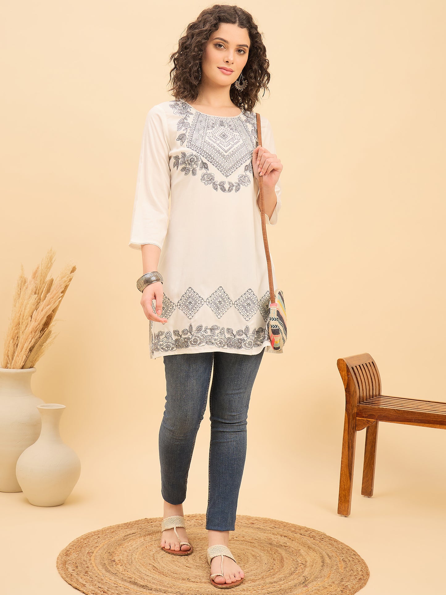 TC 1529 Modal Tunic Top with Heritage Mosaic Embroidery  Pearl White