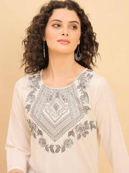 TC 1529 Modal Tunic Top with Heritage Mosaic Embroidery  Pearl White