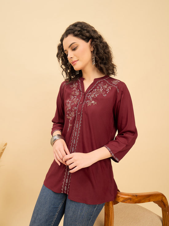 TP 1539 Floral Thread Embroidered Modal Top  Wine Maroon