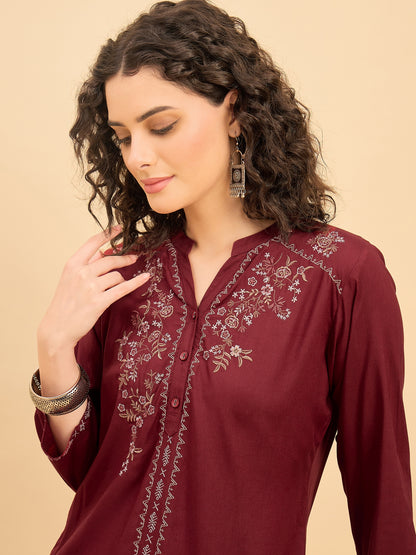 TP 1539 Floral Thread Embroidered Modal Top  Wine Maroon