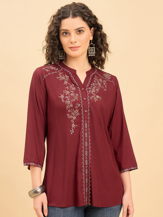 TP 1539 Floral Thread Embroidered Modal Top  Wine Maroon