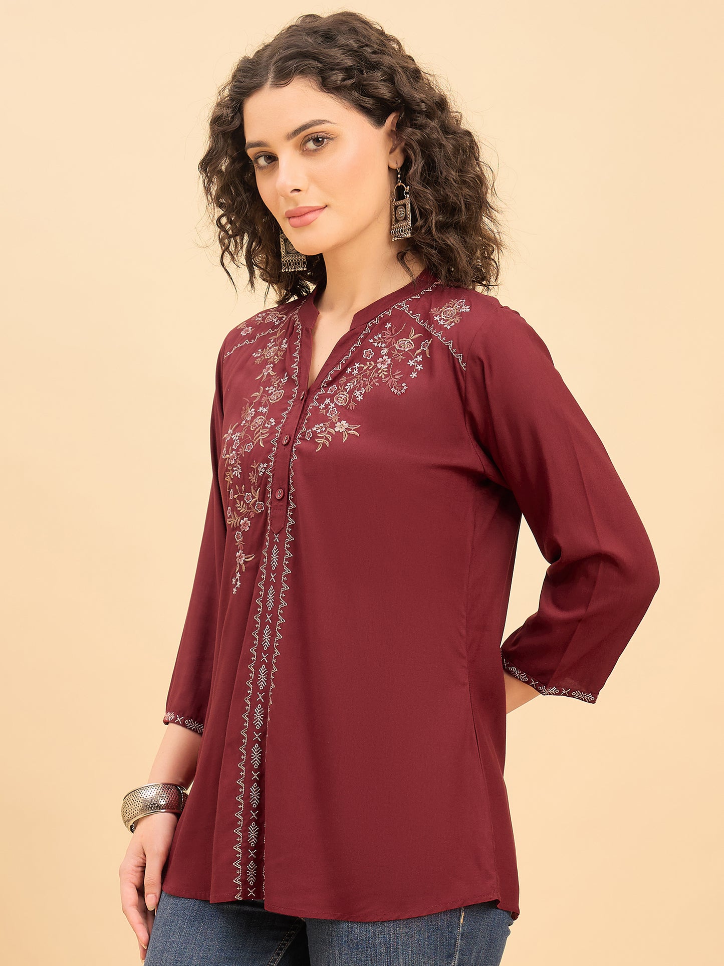 TP 1539 Floral Thread Embroidered Modal Top  Wine Maroon