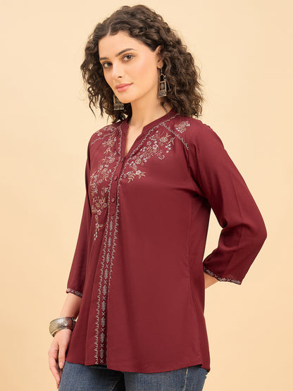 TP 1539 Floral Thread Embroidered Modal Top  Wine Maroon