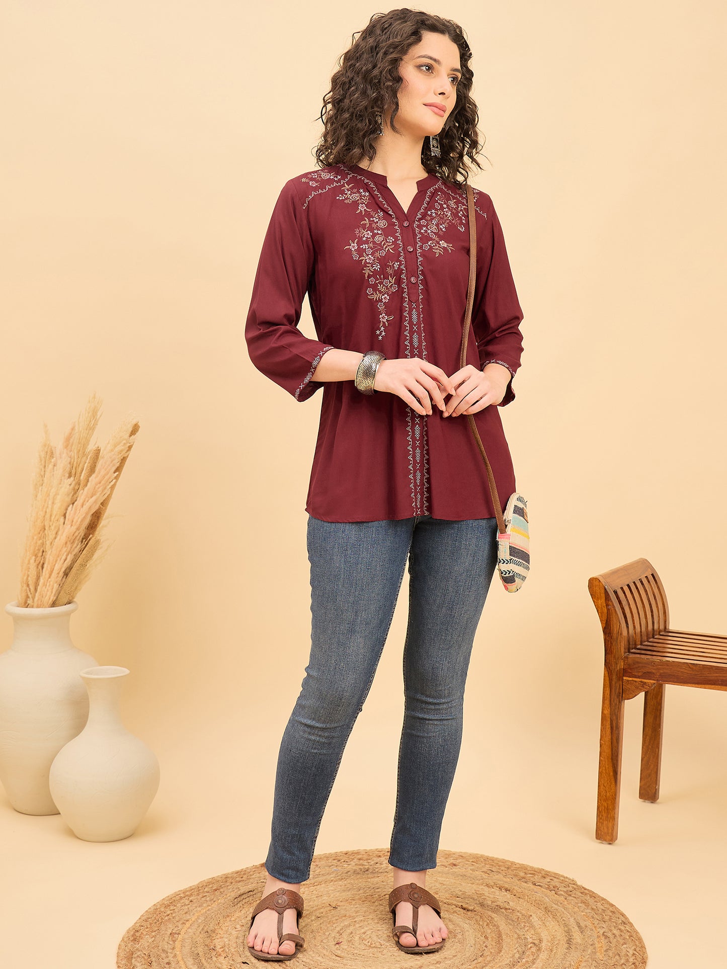 TP 1539 Floral Thread Embroidered Modal Top  Wine Maroon