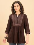 TP 1538 Heritage Yoke Embroidered Modal Top  Cocoa Brown