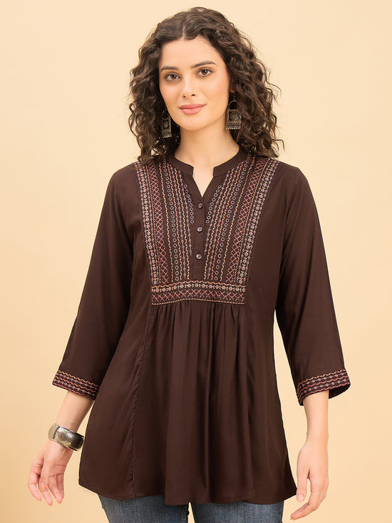 TP 1538 Heritage Yoke Embroidered Modal Top  Cocoa Brown