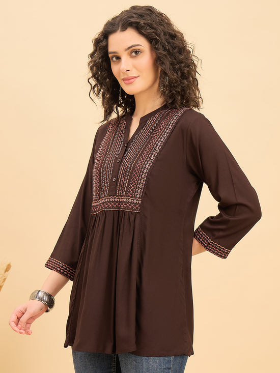 TP 1538 Heritage Yoke Embroidered Modal Top  Cocoa Brown