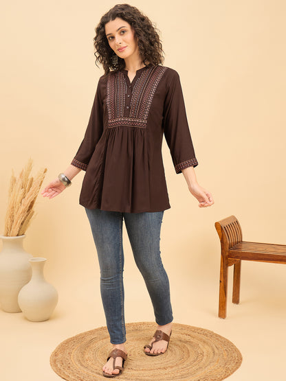 TP 1538 Heritage Yoke Embroidered Modal Top  Cocoa Brown