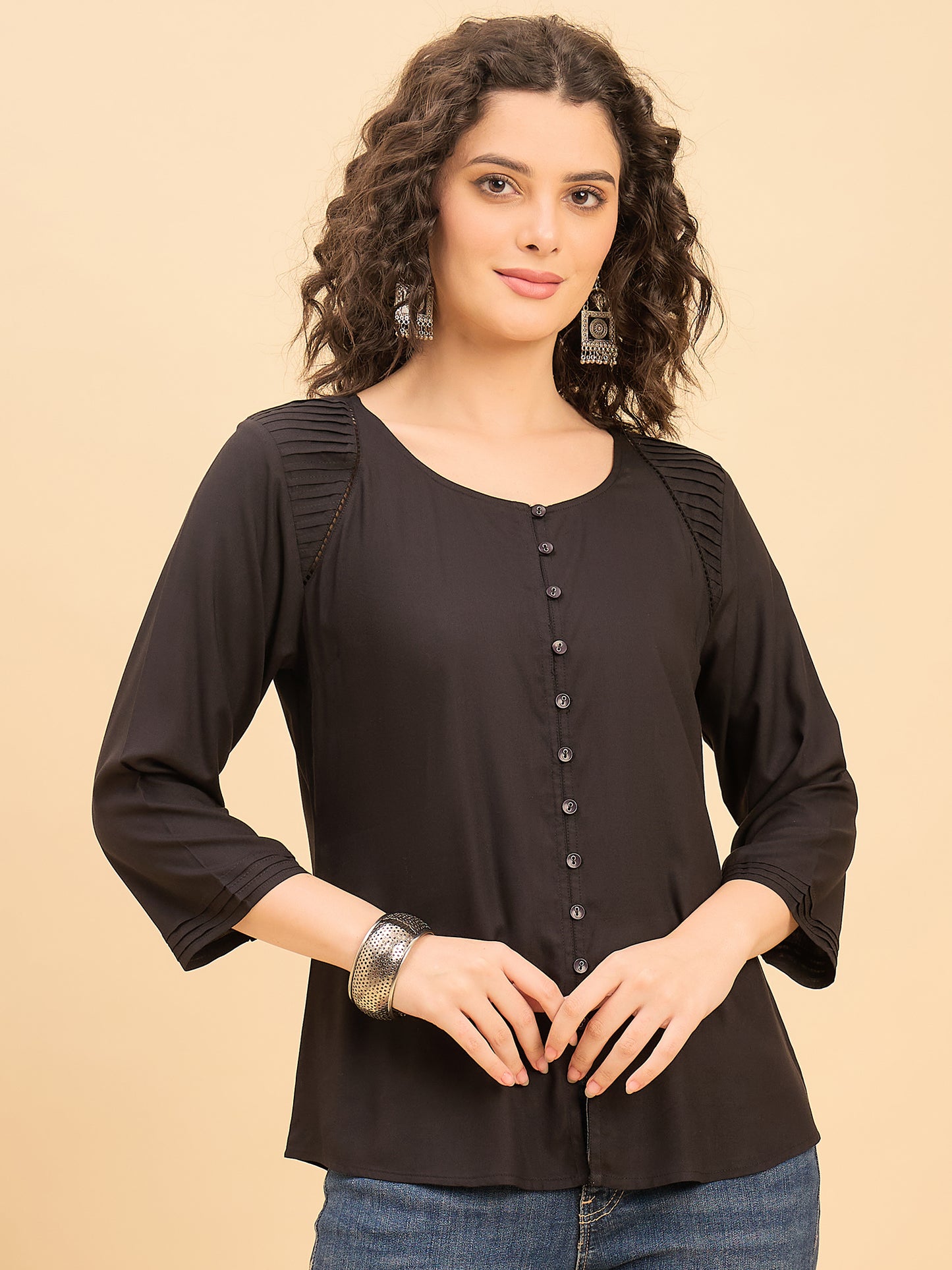TP 1432 Modern Pleated Modal Top  Noir Black