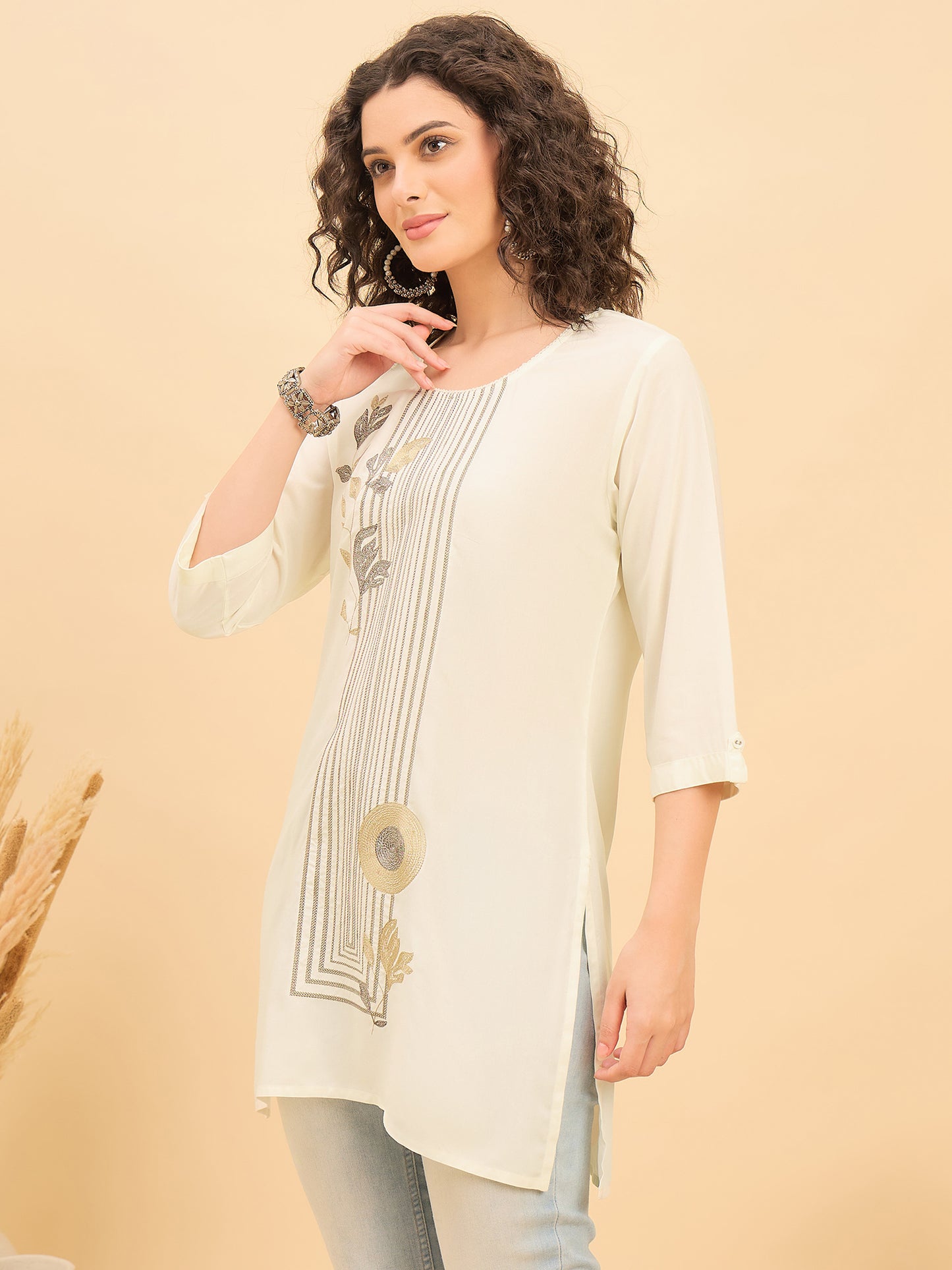 TC 1569 Modal Tunic  Soft Ecru with Linear Leaf embroidery