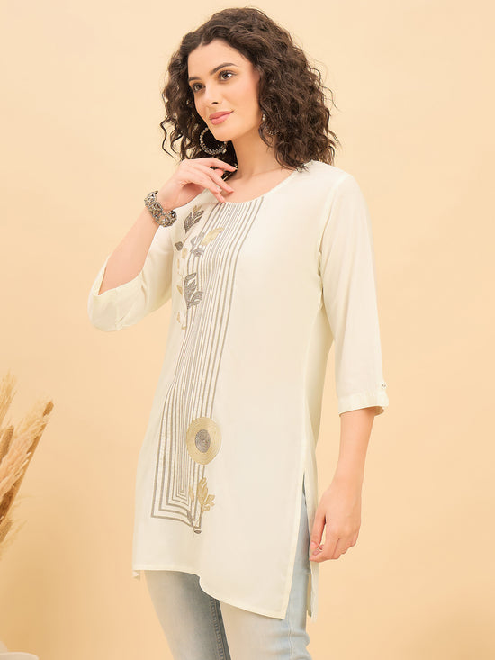 TC 1569 Modal Tunic  Soft Ecru with Linear Leaf embroidery