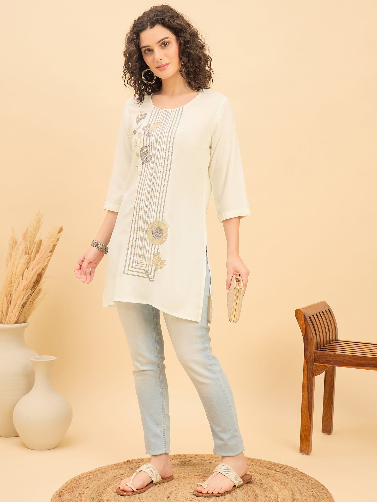 TC 1569 Modal Tunic  Soft Ecru with Linear Leaf embroidery