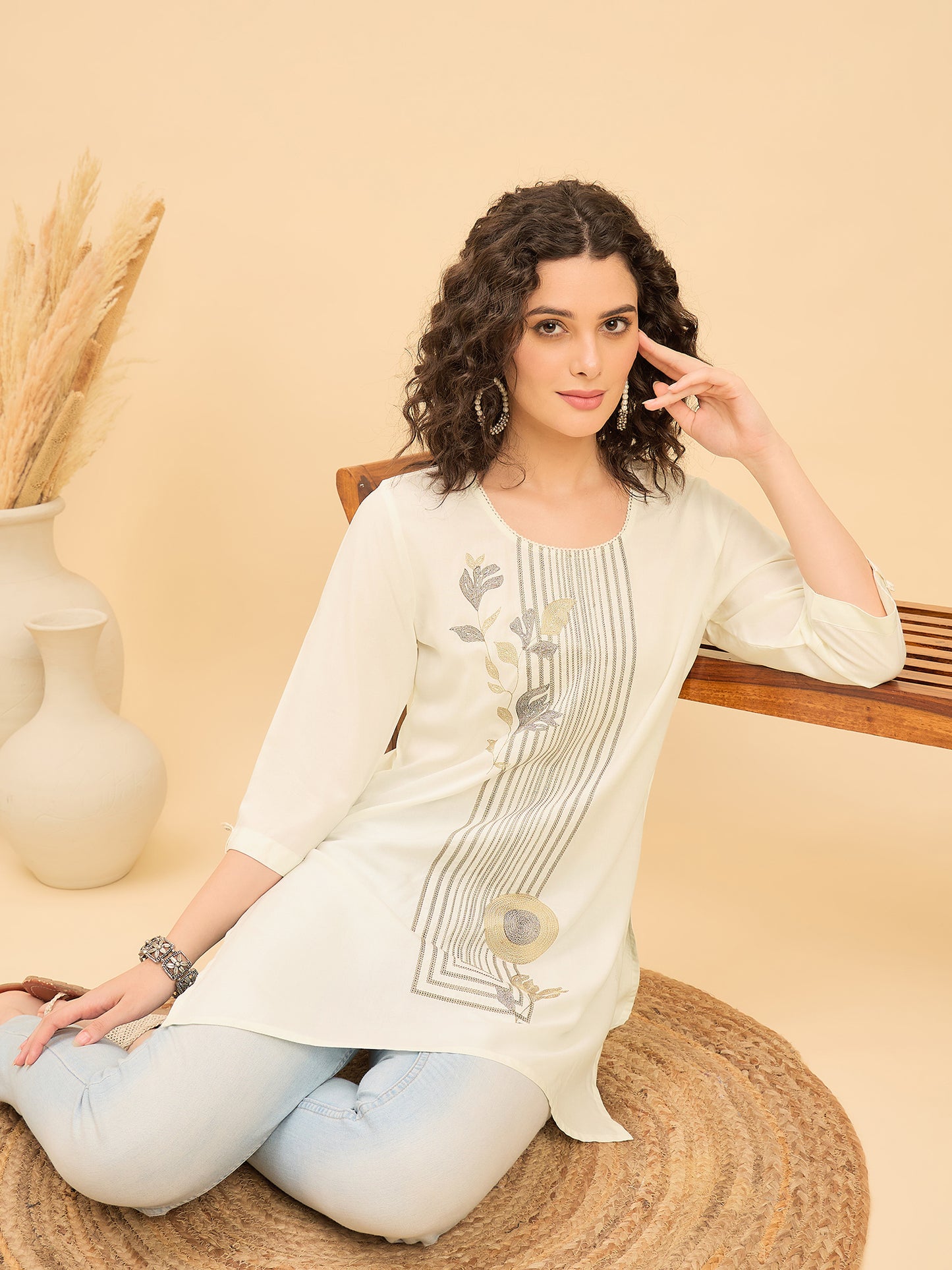 TC 1569 Modal Tunic  Soft Ecru with Linear Leaf embroidery
