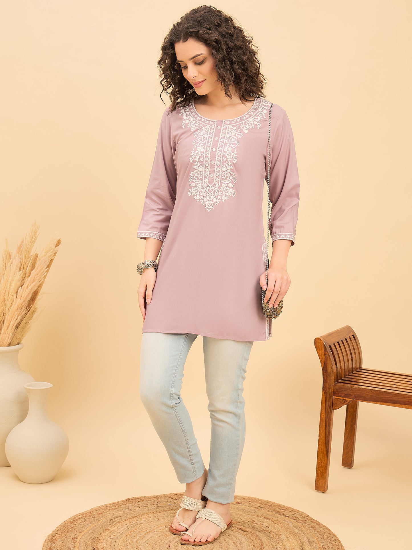 TC 1531 Modal Tunic Top with Handlook Blossom Embroidery  Lavender Mist