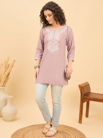 TC 1531 Modal Tunic Top with Handlook Blossom Embroidery  Lavender Mist