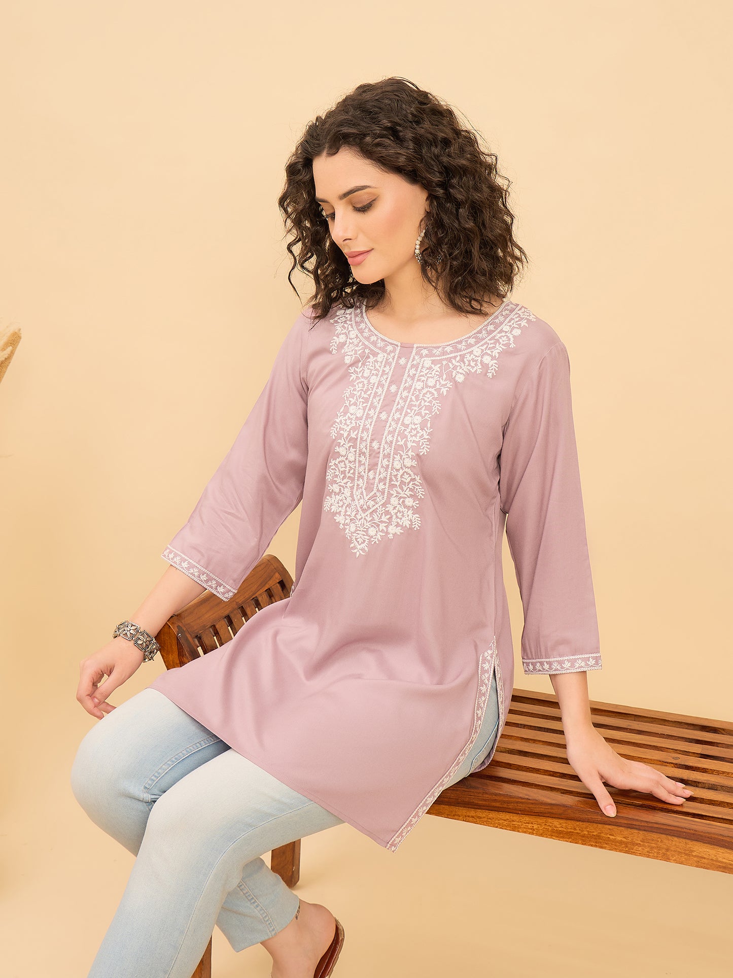 TC 1531 Modal Tunic Top with Handlook Blossom Embroidery  Lavender Mist