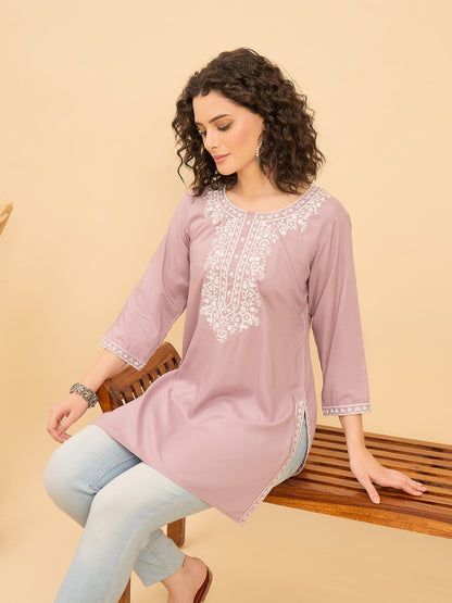 TC 1531 Modal Tunic Top with Handlook Blossom Embroidery  Lavender Mist