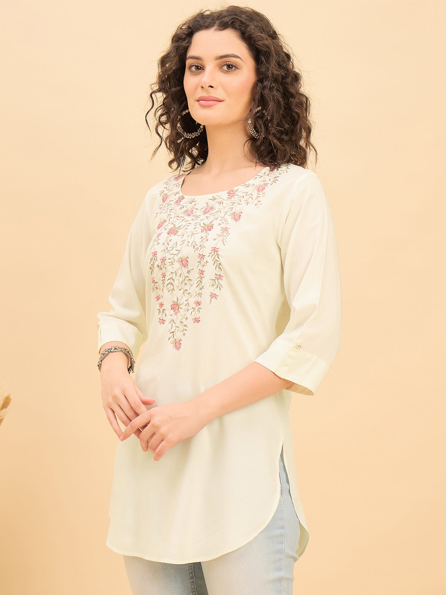 TC 1568 Modal Tunic  Ecru Petal with Blossom V Neck embroidery