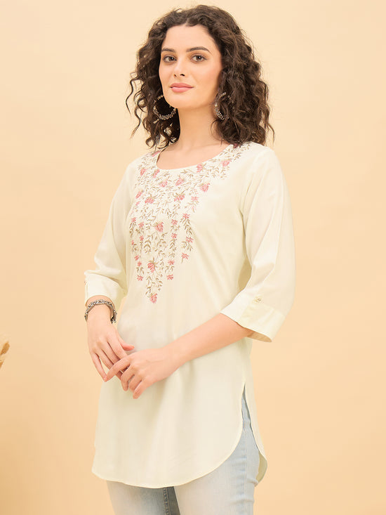 TC 1568 Modal Tunic  Ecru Petal with Blossom V Neck embroidery