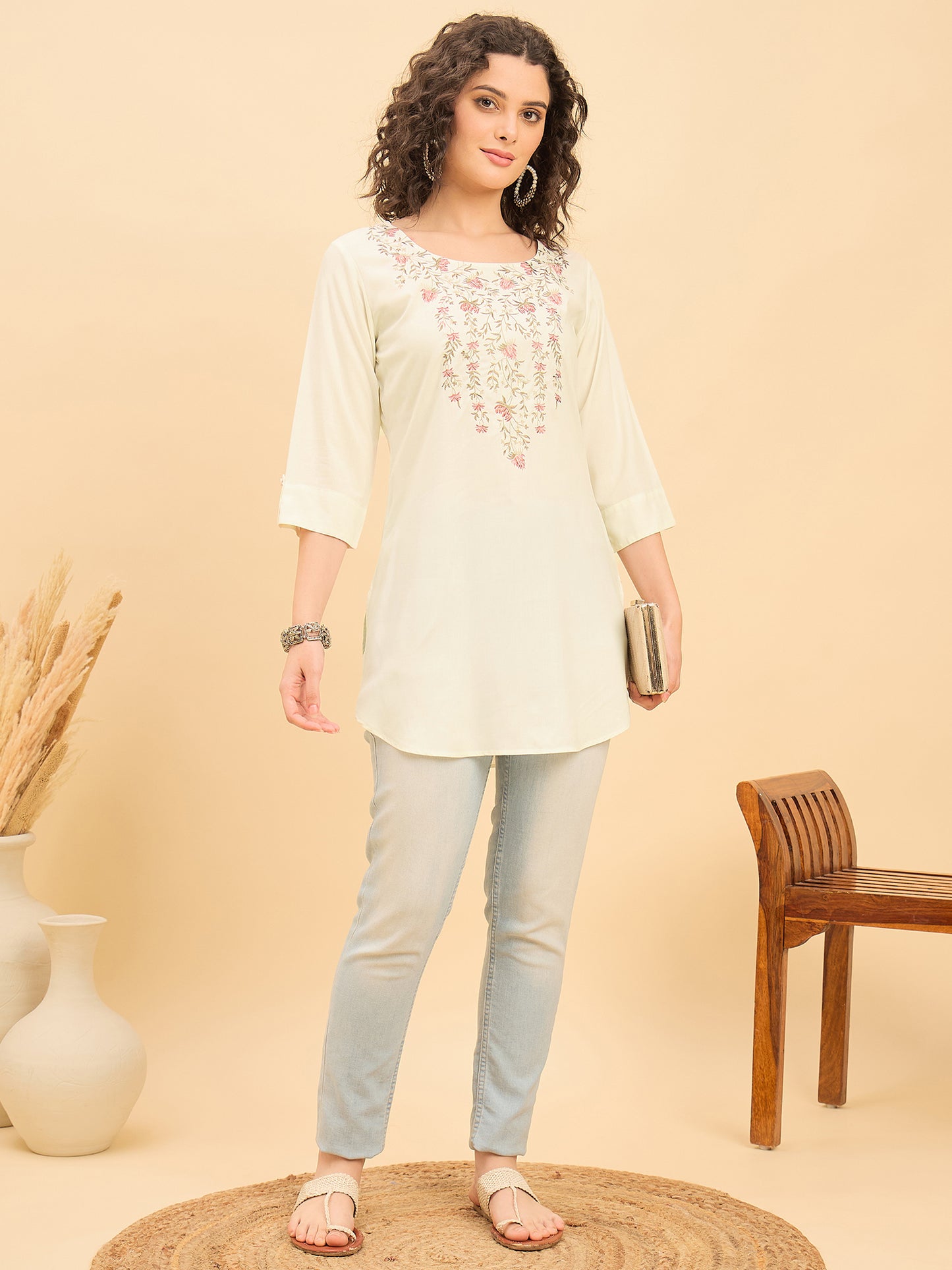 TC 1568 Modal Tunic  Ecru Petal with Blossom V Neck embroidery