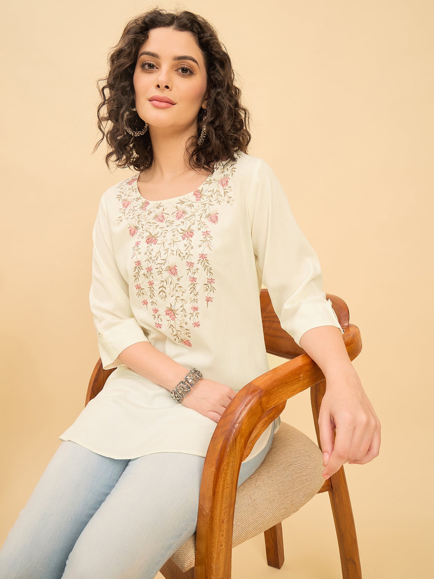TC 1568 Modal Tunic  Ecru Petal with Blossom V Neck embroidery