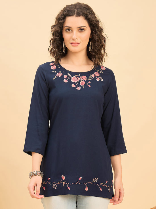 TP 1506 Bloom Stitch Embroidered Modal Top  Midnight Navy