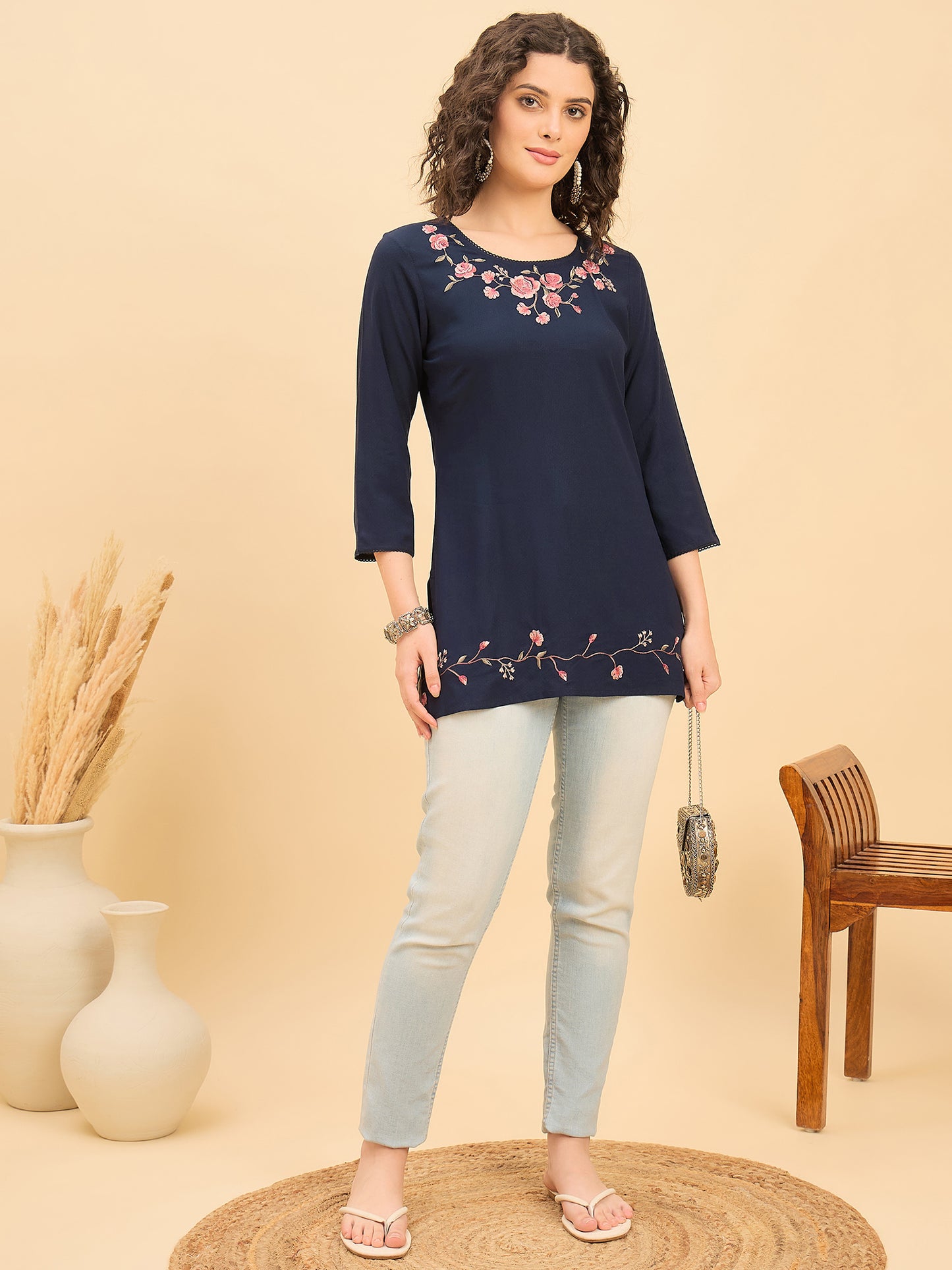 TP 1506 Bloom Stitch Embroidered Modal Top  Midnight Navy