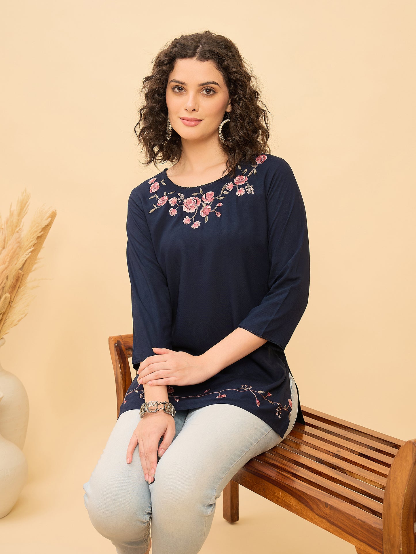 TP 1506 Bloom Stitch Embroidered Modal Top  Midnight Navy