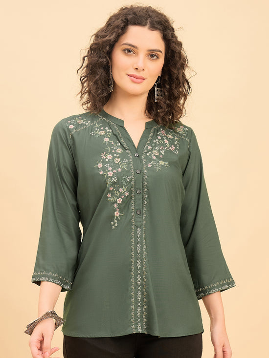 TP 1539 Floral Thread Embroidered Modal Top  Meadow Green