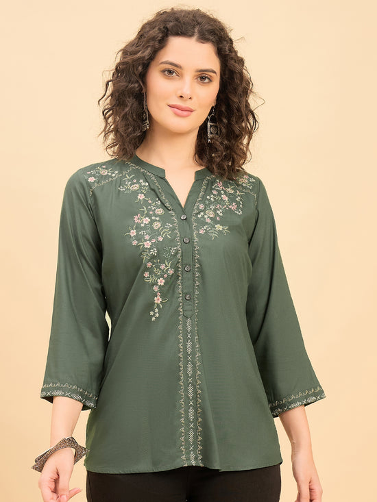 TP 1539 Floral Thread Embroidered Modal Top  Meadow Green