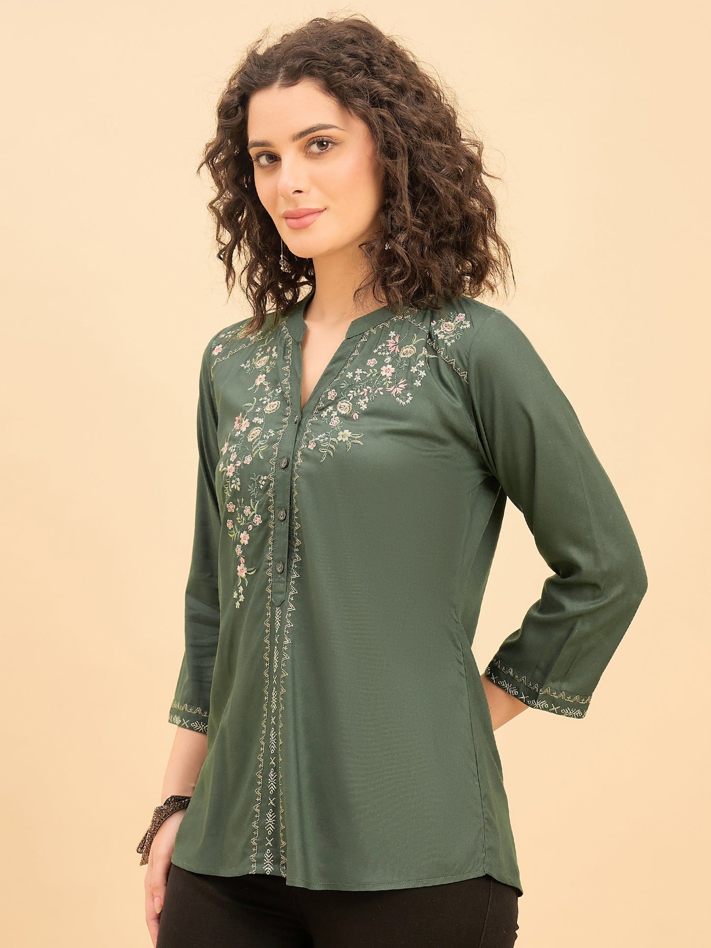 TP 1539 Floral Thread Embroidered Modal Top  Meadow Green