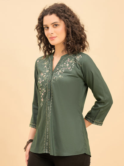 TP 1539 Floral Thread Embroidered Modal Top  Meadow Green