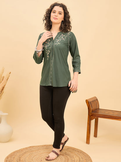 TP 1539 Floral Thread Embroidered Modal Top  Meadow Green