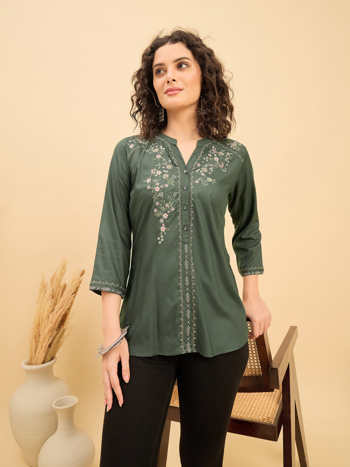 TP 1539 Floral Thread Embroidered Modal Top  Meadow Green