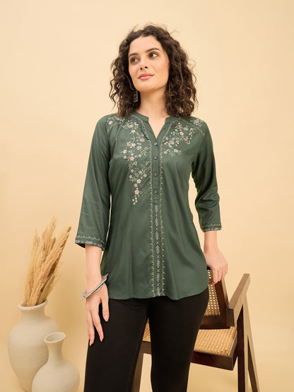 TP 1539 Floral Thread Embroidered Modal Top  Meadow Green