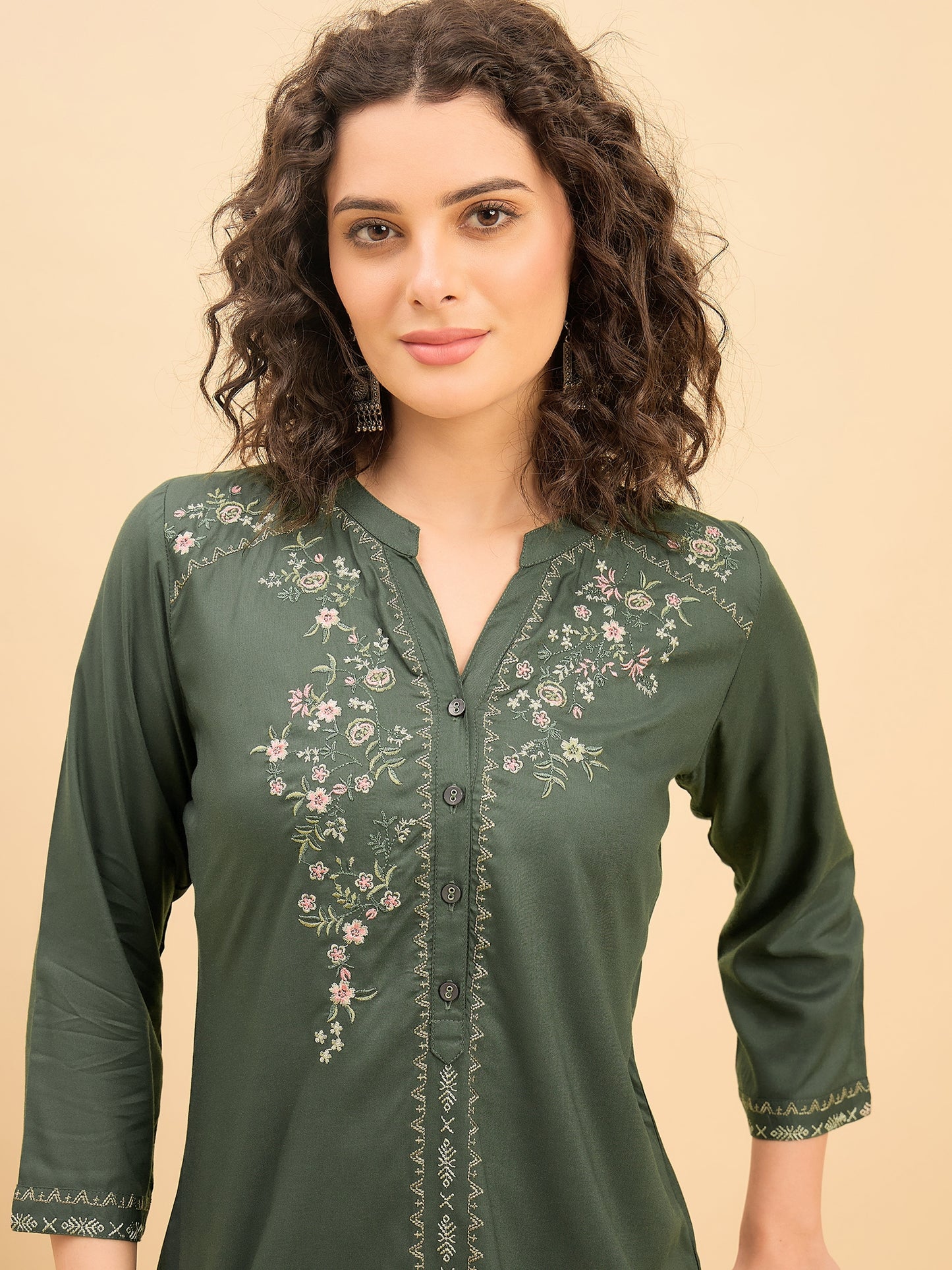TP 1539 Floral Thread Embroidered Modal Top  Meadow Green