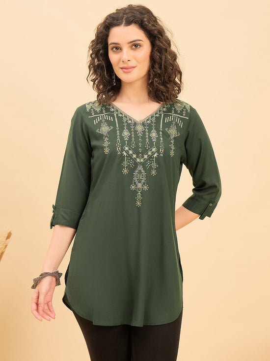 TC 1515 Heritage Loom Embroidery Modal Tunic Top  Bottle Green